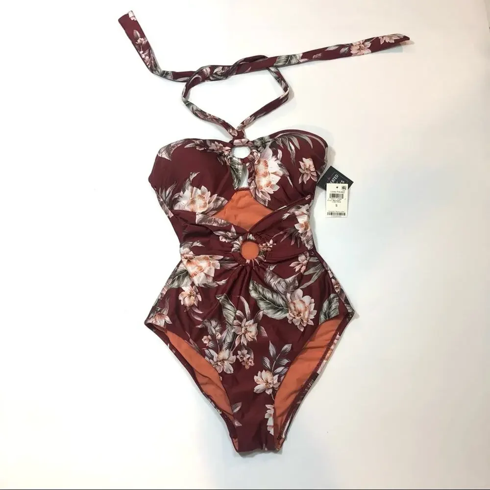 Bar III LUAU PALM Cutout Halter One-Piece Swimsuit